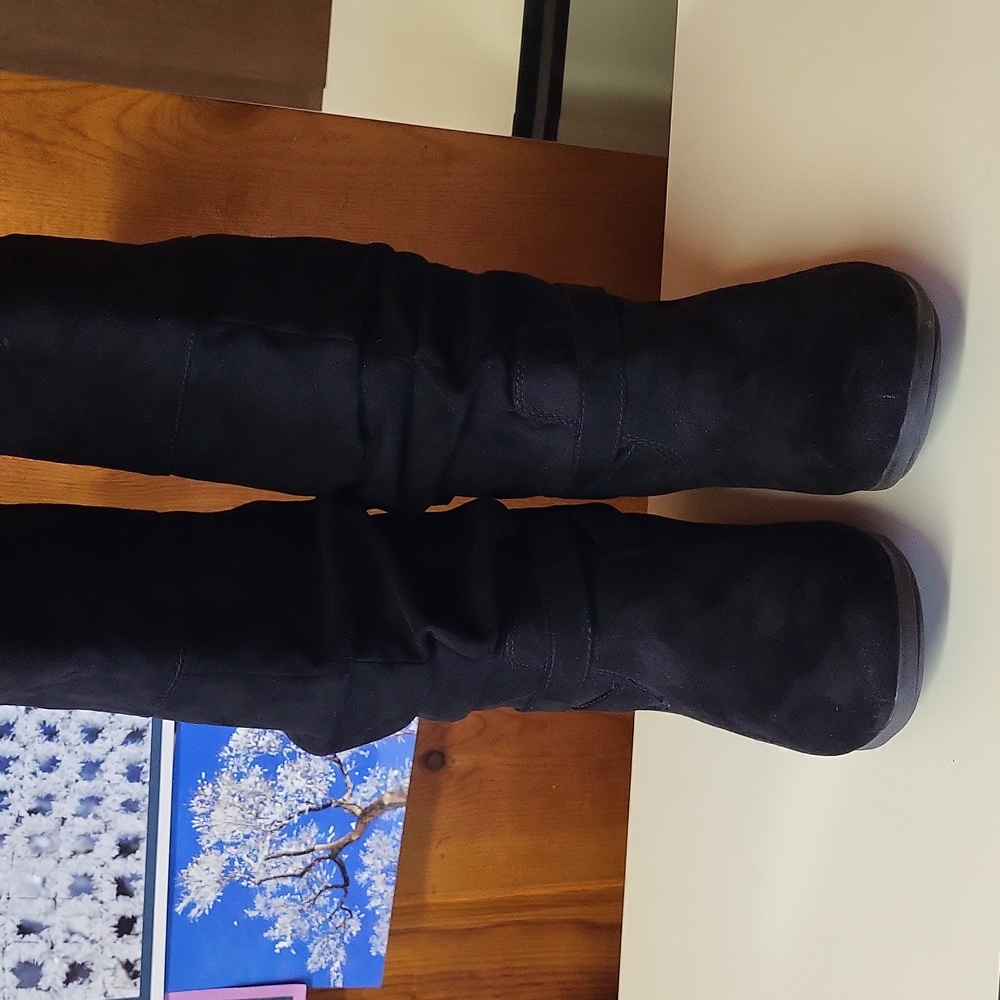 Black faux suede calf high slouch boots